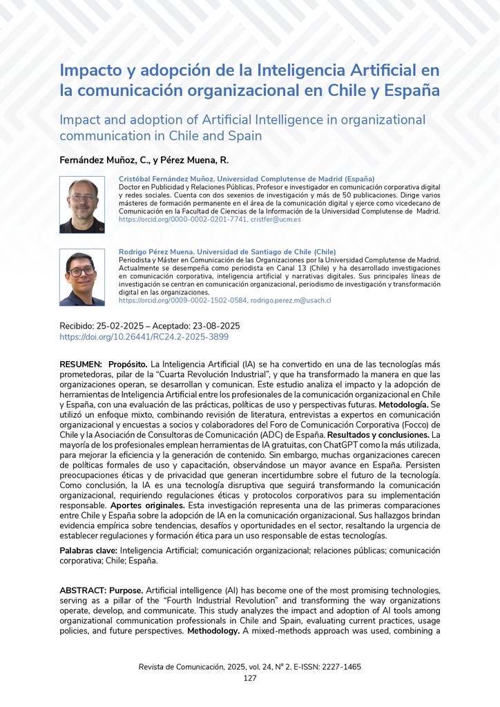 Impacto y adopción de la Inteligencia Artificial en la comunicación organizacional en Chile y España