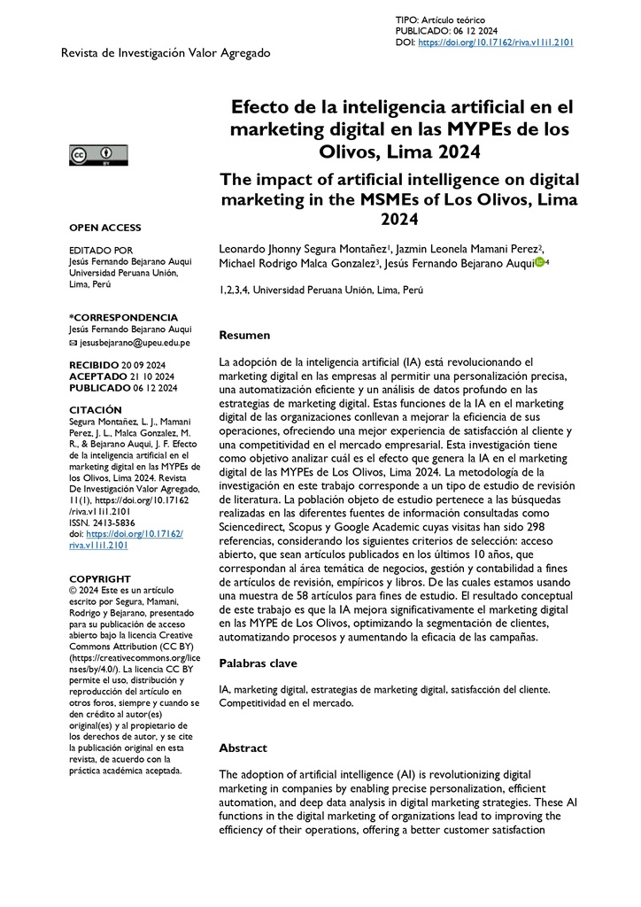 Efecto de la inteligencia artificial en el marketing digital en las MYPEs de los Olivos, Lima 2024
