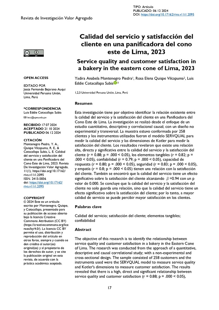 Calidad del servicio y satisfacción del cliente en una Panificadora del Cono Este de Lima, 2023