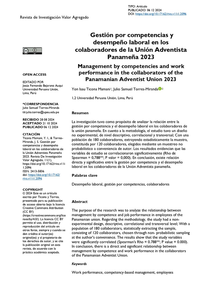 Gestión por competencias y desempeño laboral en los colaboradores de la Unión Adventista Panameña 2023