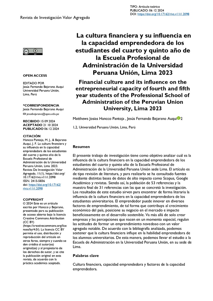 La cultura financiera y su influencia en la capacidad emprendedora de los estudiantes del cuarto y quinto año de la Escuela Profesional de Administración de la Universidad Peruana Unión, Lima 2023