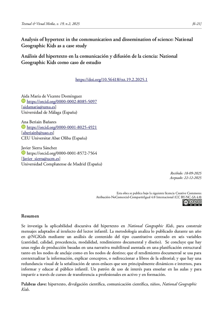 Análisis del hipertexto en la comunicación y difusión de la ciencia: National Geographic Kids como caso de estudio