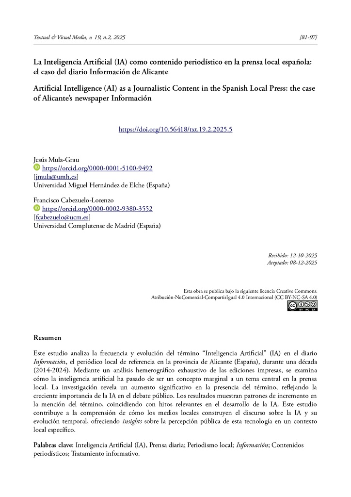 La Inteligencia Artificial (IA) como contenido periodístico en la prensa local española: el caso del diario Información de Alicante