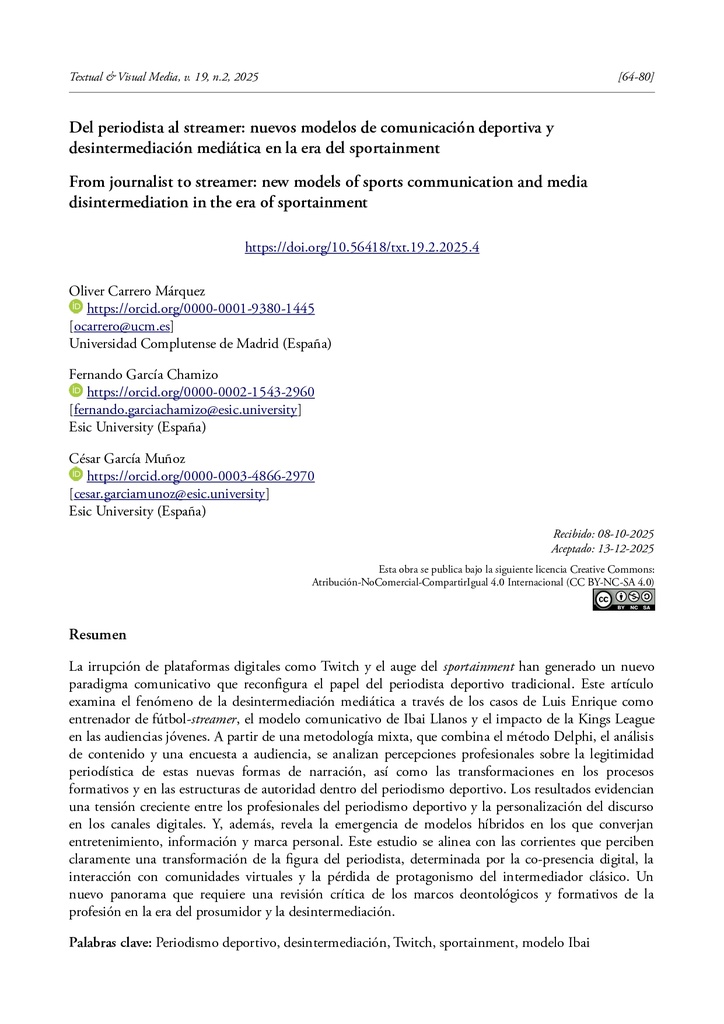 Del periodista al streamer: nuevos modelos de comunicación deportiva y desintermediación mediática en la era del sportainment