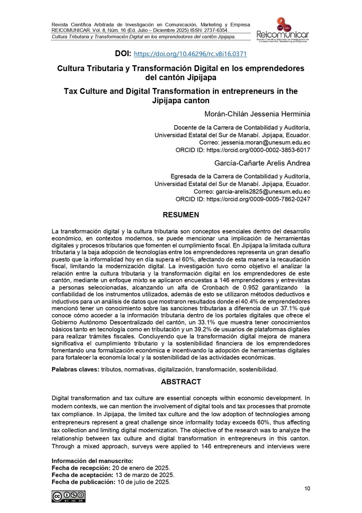 Cultura Tributaria y Transformación Digital en los emprendedores del cantón Jipijapa
