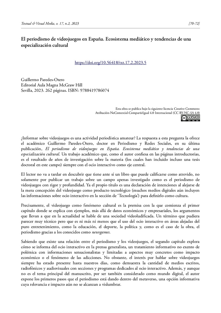 El periodismo de videojuegos en España. Ecosistema mediático y tendencias de una especialización cultural