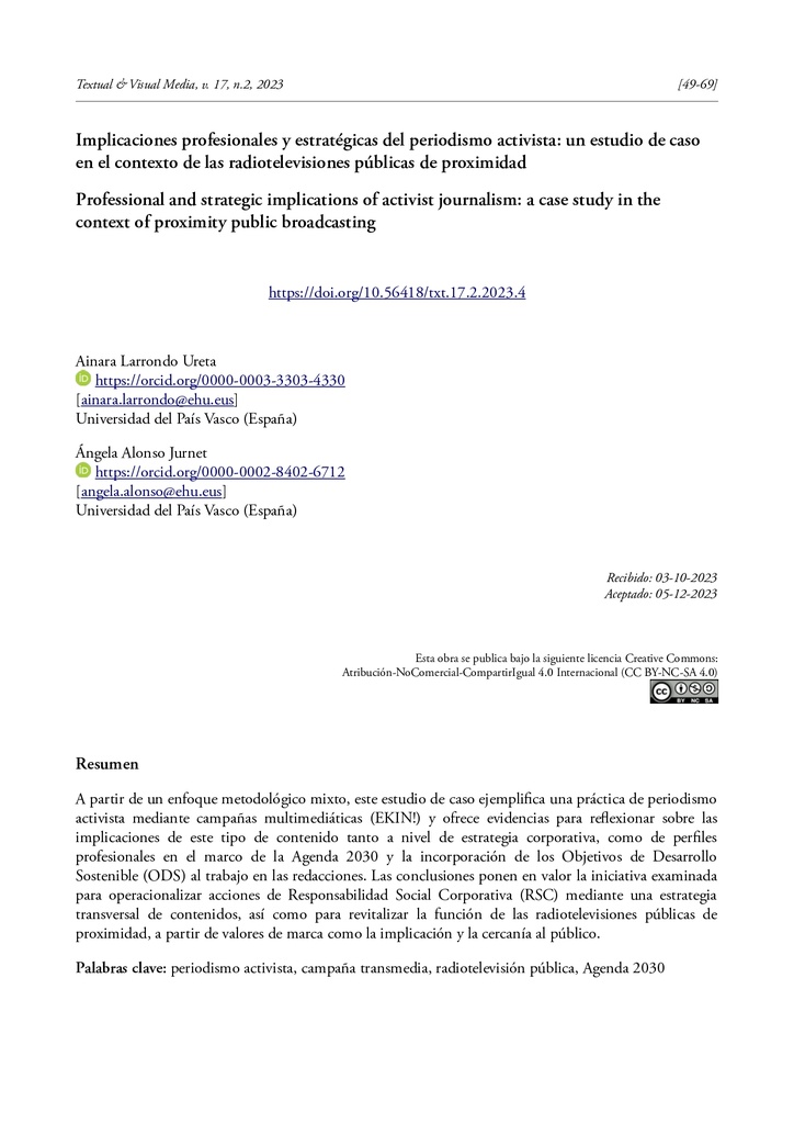 Implicaciones profesionales y estratégicas del periodismo activista: un estudio de caso en el contexto de las radiotelevisiones públicas de proximidad