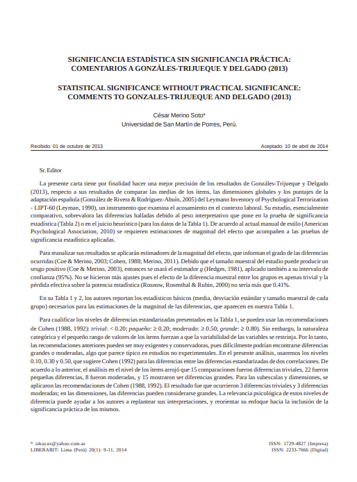 SIGNIFICANCIA ESTADÍSTICA SIN SIGNIFICANCIA PRÁCTICA: COMENTARIOS A GONZÁLES-TRIJUEQUE Y DELGADO (2013)