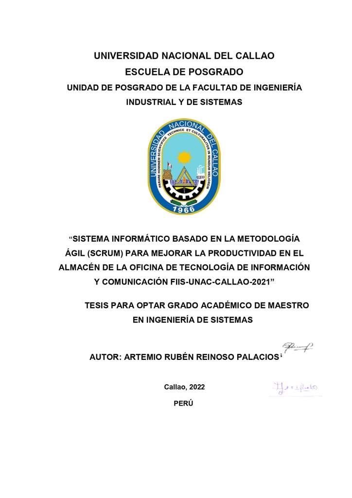 Sistema informático basado en la metodología ágil (scrum) para mejorar la productividad en el almacén de la oficina de tecnología de información y comunicación FIIS-UNAC-Callao-2021