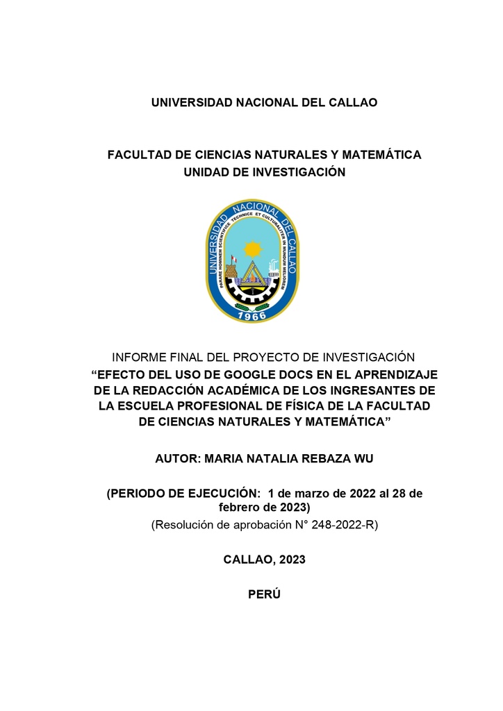 Efecto del uso de Google Docs en el aprendizaje de la redacción académica de los ingresantes de la escuela profesional de física de la Facultad de Ciencias Naturales y Matemática