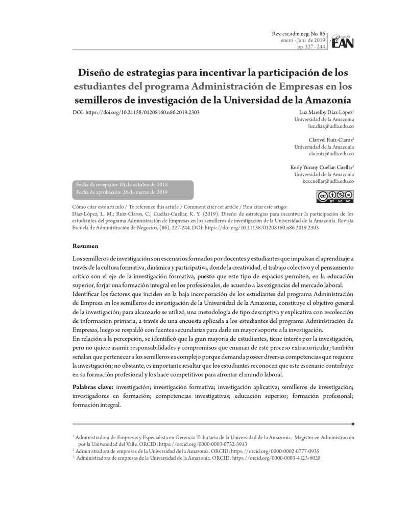 Diseño de estrategias para incentivar la participación de los estudiantes del programa Administración de Empresas en los semilleros de investigación de la Universidad de la Amazonía