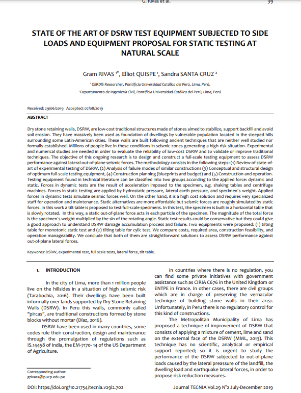 State of the art of DSRW test equipment subjected to side loads and equipment proposal for static testing at natural scale