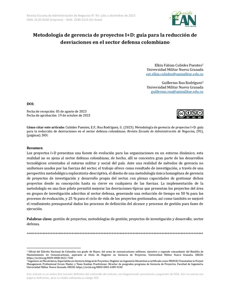 Metodología de gerencia de proyectos I+D: guía para la reducción de desviaciones en el sector defensa colombiano