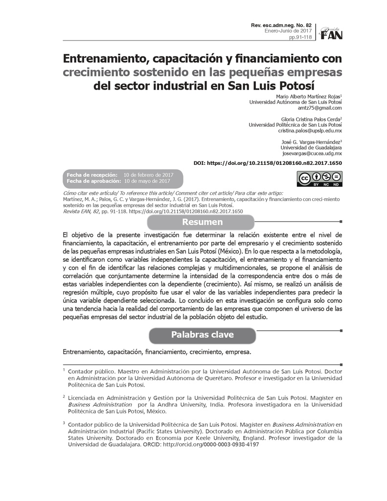 Entrenamiento, capacitación y financiamiento con crecimiento sostenido en las pequeñas empresas del sector industrial en San Luis Potosí
