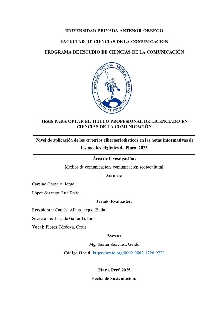 Nivel de aplicación de los criterios ciberperiodísticos en las notas informativas de los medios digitales de Piura, 2023