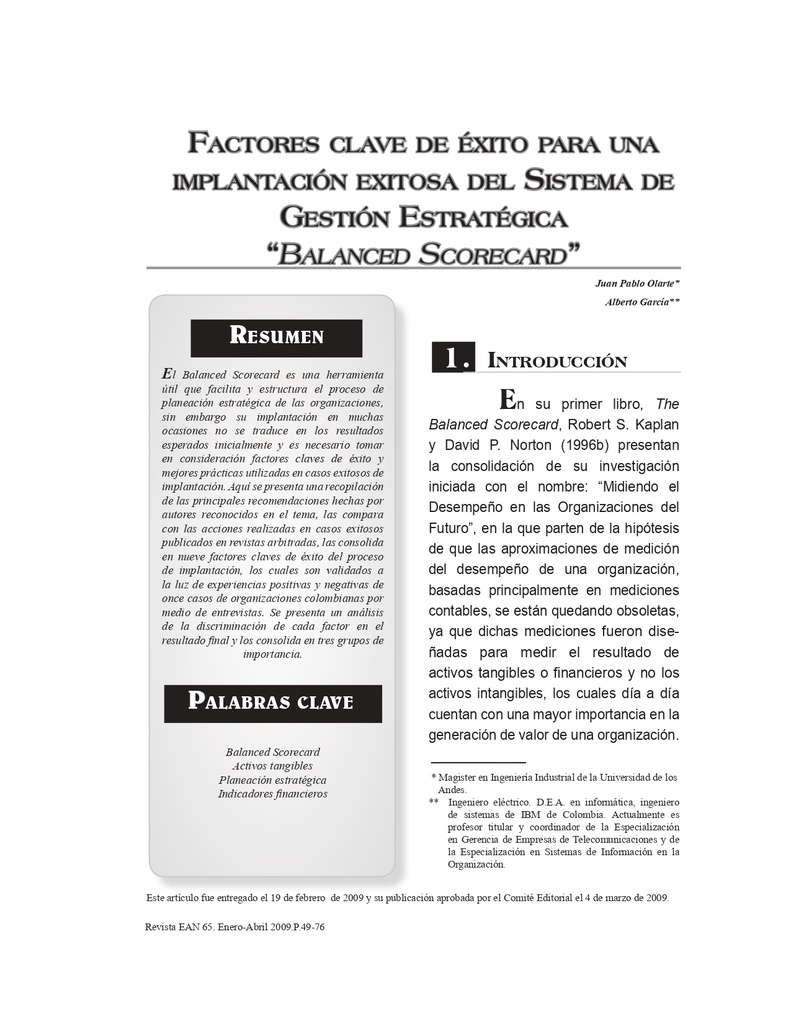 Factores clave de éxito para una implantación exitosa del Sistema de Gestión Estratégica "Balanced Scorecard"