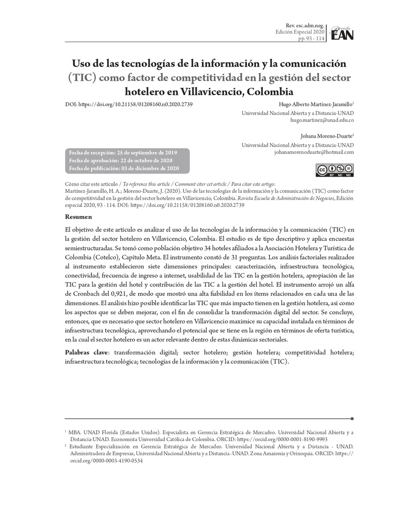Uso de las tecnologías de la información y la comunicación (TIC) como factor de competitividad en la gestión del sector hotelero en Villavicencio, Colombia