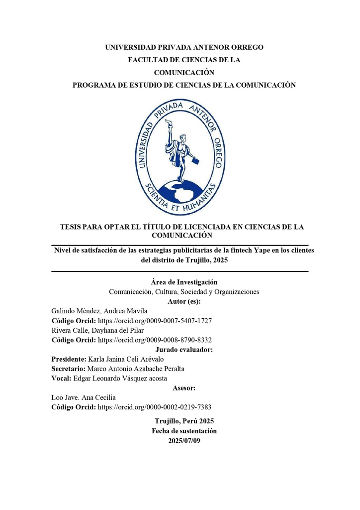 Nivel de satisfacción de las estrategias publicitarias de la fintech Yape en los clientes del distrito de Trujillo, 2025