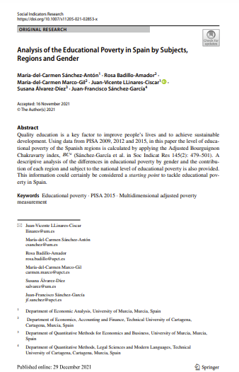 Analysis of the Educational Poverty in Spain by Subjects, Regions and Gender