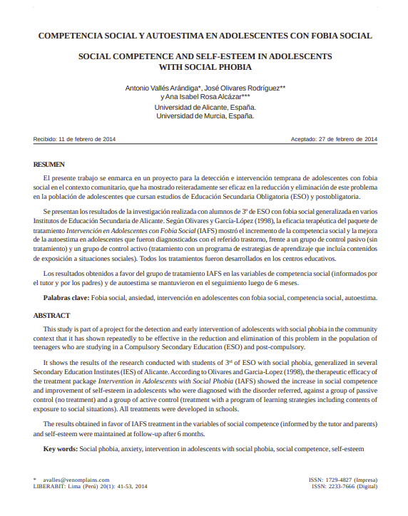 COMPETENCIA SOCIAL Y AUTOESTIMA EN ADOLESCENTES CON FOBIA SOCIAL
