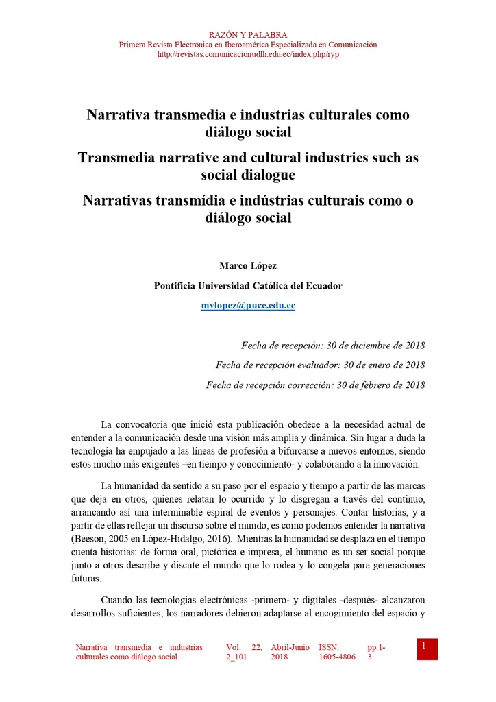 Razon y Palabra Vol. 22 Núm. 2_101 (2018): Narrativa transmedia e industrias culturales como diálogo social