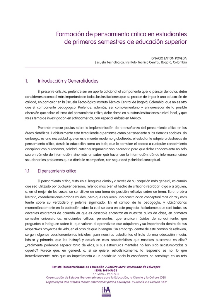 Revista Iberoamericana de Educación (RIE) Vol. 53 Núm. 3 (2010): Número especial