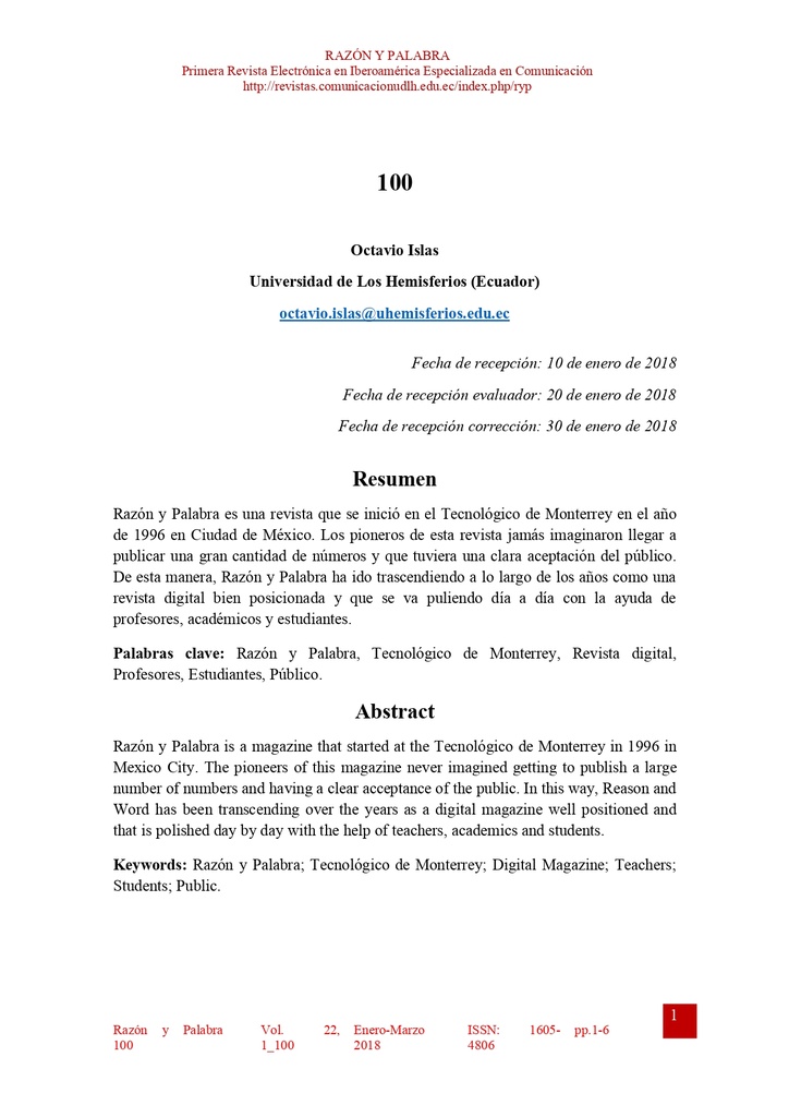 Razon y Palabra Vol. 22 Núm. 1_100 (2018): 100 números de Razón y Palabra