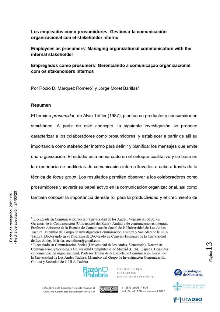 Razon y Palabra Vol. 24 Núm. 107 (2020): La dimensión de la comunicación organizacional en la empresa. Experiencias y demandas de los stakeholders.