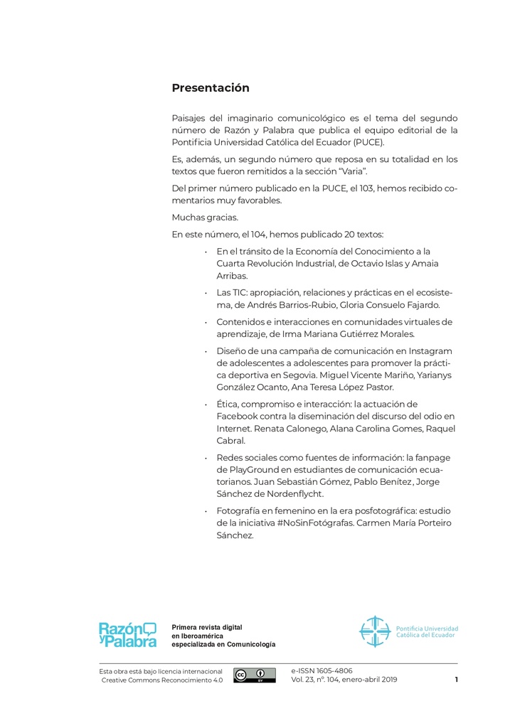 Razon y Palabra Vol. 23 Núm. 104 (2019): Paisajes del imaginario comunicológico