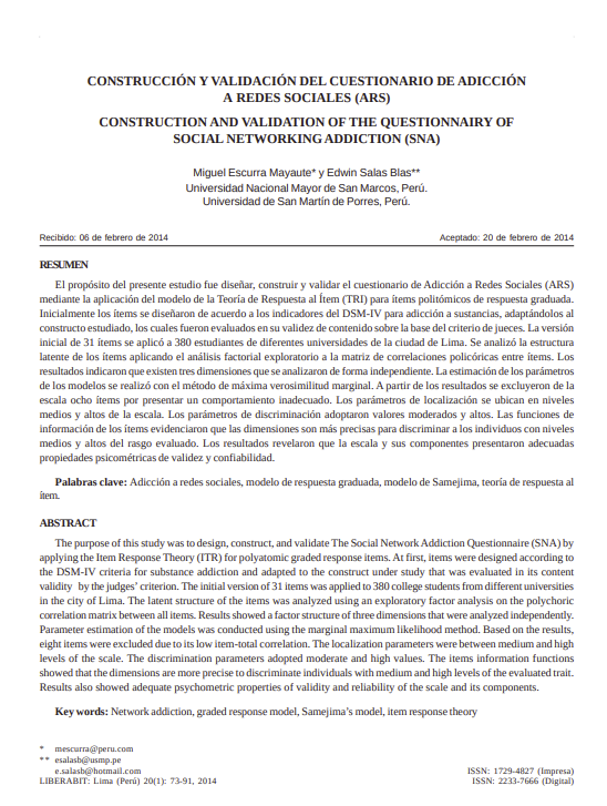 CONSTRUCCIÓN Y VALIDACIÓN DEL CUESTIONARIO DE ADICCIÓN A REDES SOCIALES (ARS)