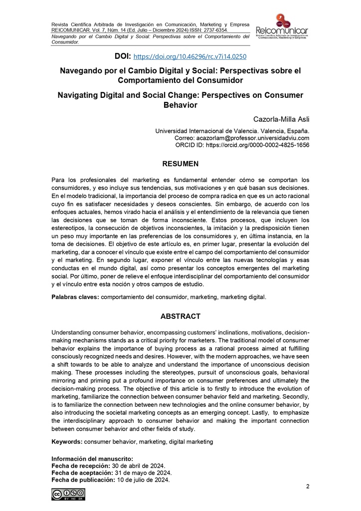 Revista Científica Arbitrada de Investigación en Comunicación, Marketing y Empresa Vol. 7 Núm. 14