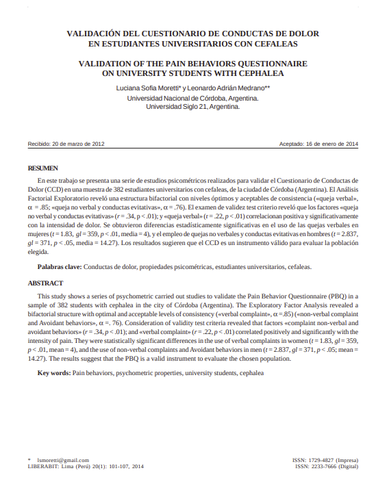 VALIDACIÓN DEL CUESTIONARIO DE CONDUCTAS DE DOLOR EN ESTUDIANTES UNIVERSITARIOS CON CEFALEAS