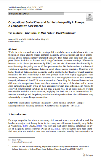 Occupational Social Class and Earnings Inequality in Europe: A Comparative Assessment