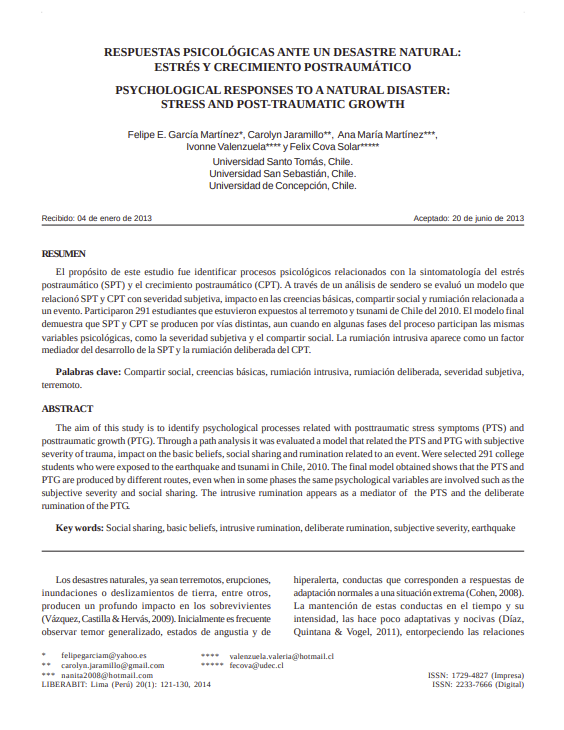 RESPUESTAS PSICOLÓGICAS ANTE UN DESASTRE NATURAL: ESTRÉS Y CRECIMIENTO POSTRAUMÁTICO