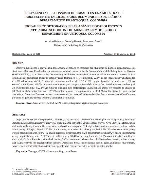 PREVALENCIA DEL CONSUMO DE TABACO EN UNA MUESTRA DE ADOLESCENTES ESCOLARIZADOS