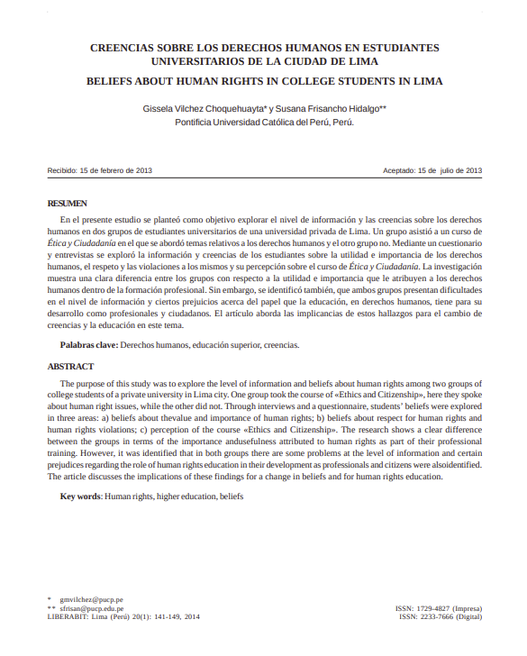 CREENCIAS SOBRE LOS DERECHOS HUMANOS EN ESTUDIANTES UNIVERSITARIOS DE LA CIUDAD DE LIMA