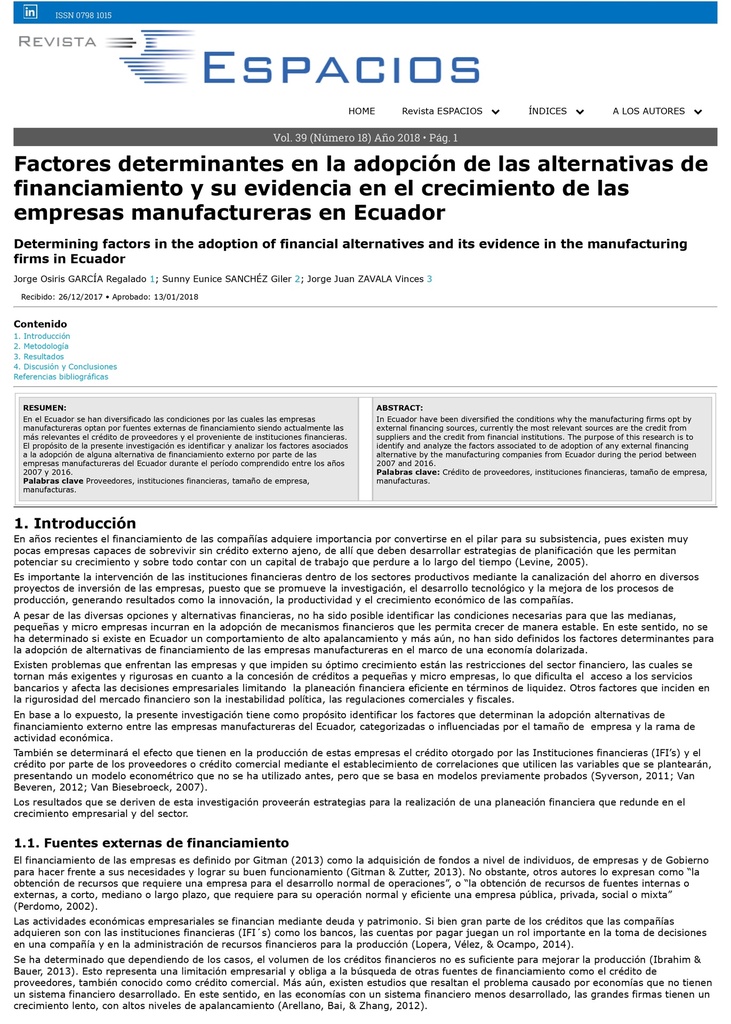 Revista Espacios Vol. 39 (Nº 18)