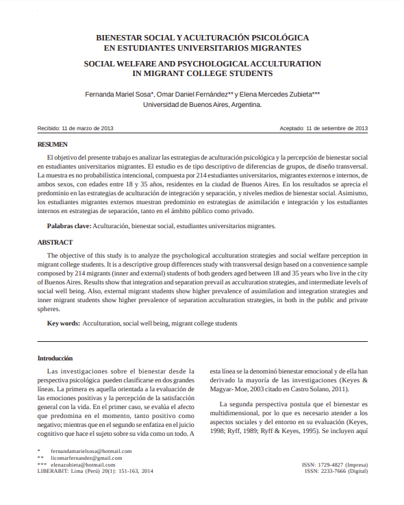 BIENESTAR SOCIAL Y ACULTURACIÓN PSICOLÓGICA EN ESTUDIANTES UNIVERSITARIOS MIGRANTES