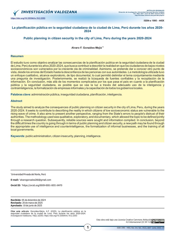 Revista Investigación Valdizana Vol. 19 Núm. 2