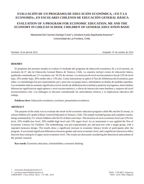 EVALUACIÓN DE UN PROGRAMA DE EDUCACIÓN ECONÓMICA, &quot;YO Y LA ECONOMÍA&quot;