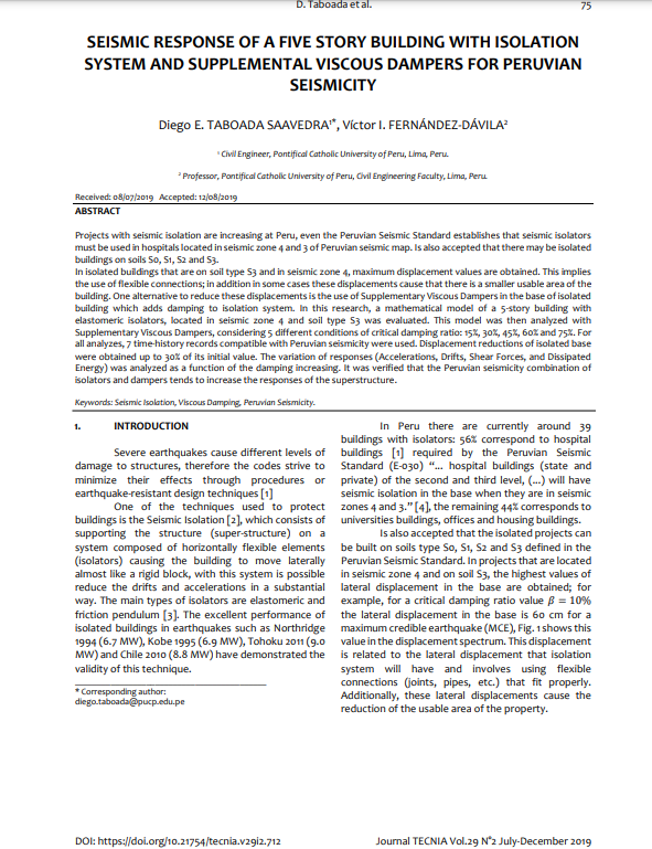 Seismic response of a five story building with isolation system and supplemental viscous dampers for peruvian seismicity