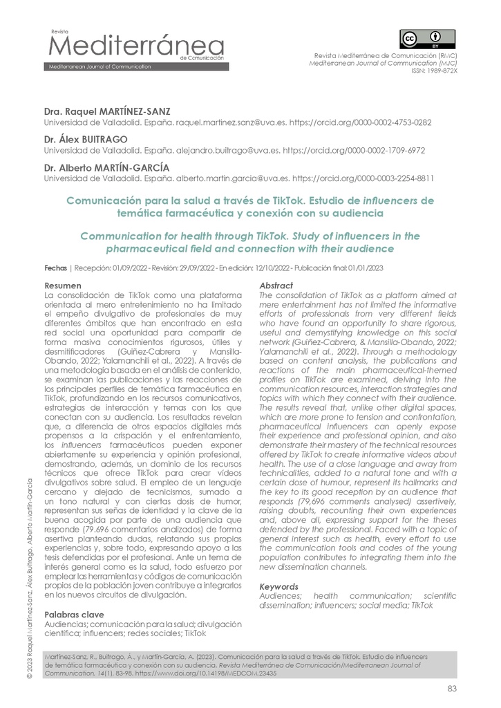 Comunicación para la salud a través de TikTok. Estudio de influencers de temática farmacéutica y conexión con su audiencia