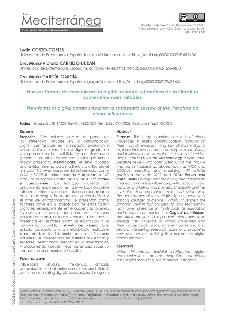 Nuevas formas de comunicación digital: revisión sistemática de la literatura sobre influencers virtuales