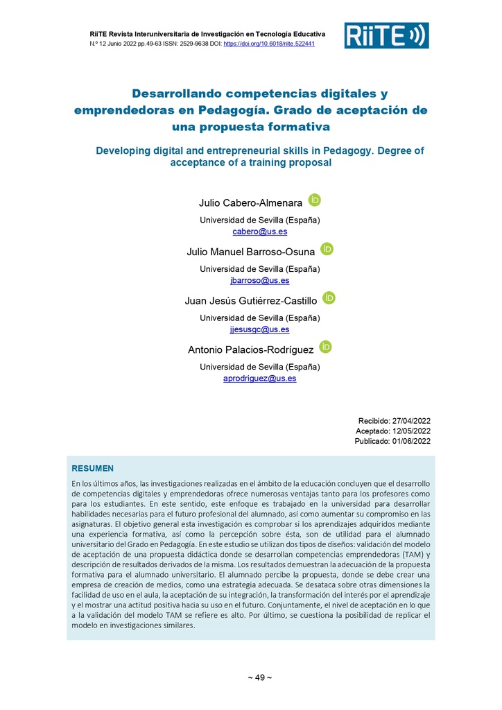 Desarrollando competencias digitales y emprendedoras en Pedagogía. Grado de aceptación de una propuesta formativa