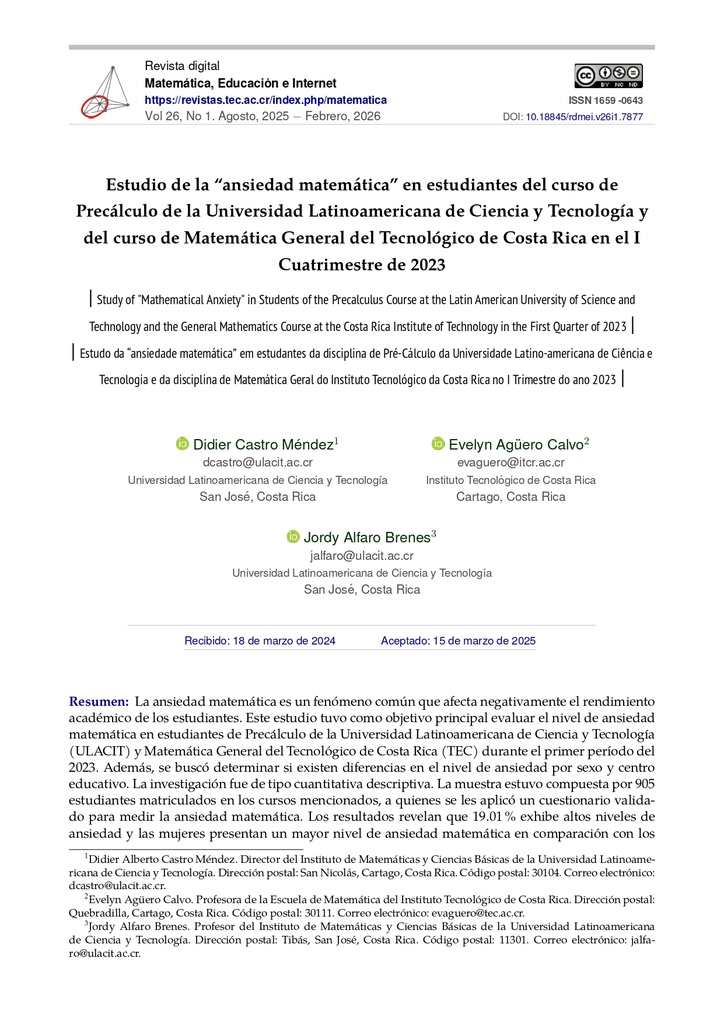 Estudio de la “ansiedad matemática” en estudiantes del curso de Precálculo de la Universidad Latinoamericana de Ciencia y Tecnología y del curso de Matemática General del Tecnológico de Costa Rica en el I Cuatrimestre de 2023