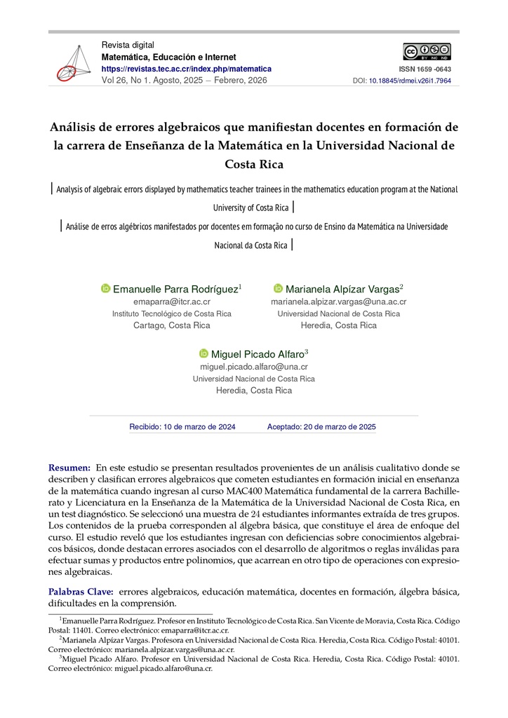 Análisis de errores algebraicos que manifiestan docentes en formación de la carrera de Enseñanza de la Matemática en la Universidad Nacional de Costa Rica
