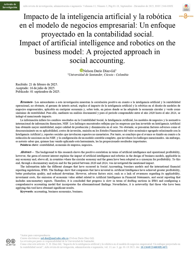 Impacto de la inteligencia artificial y la robótica en el modelo de negocios empresarial: Un enfoque proyectado en la contabilidad social