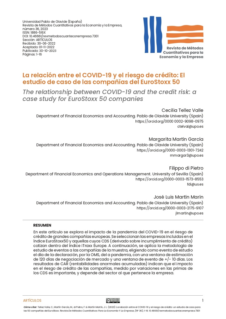 La relación entre el COVID-19 y el riesgo de crédito: un estudio de caso para las 50 compañías del EuroStoxx
