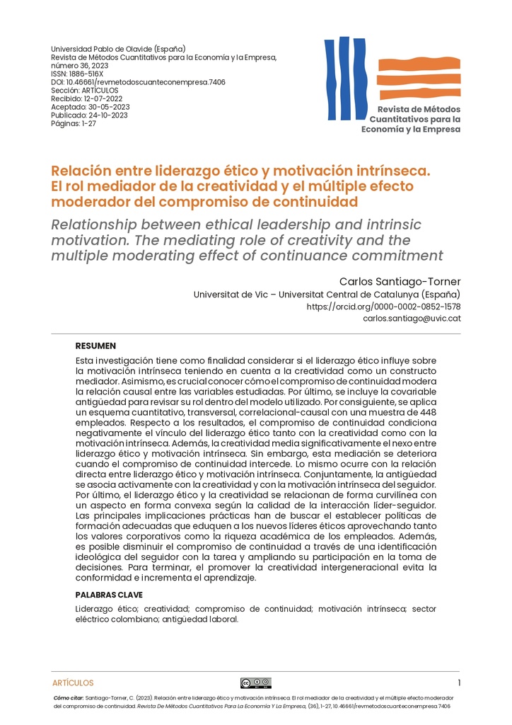 Relación entre liderazgo ético y motivación intrínseca. El rol mediador de la creatividad y el múltiple efecto moderador del compromiso de continuidad