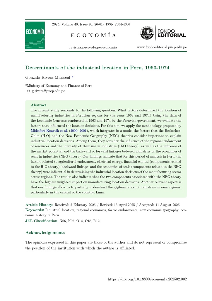 Determinants of the industrial location in Peru, 1963-1974